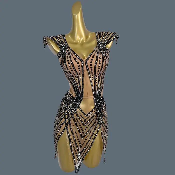 Jianrui – tenue de soirée scintillante avec strass noirs, tenue de Club transparente en maille pour