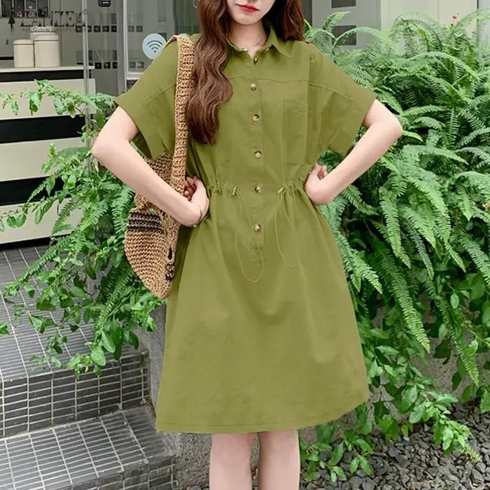 Robe cargo décontractée ZANZEA pour femme, col chemise, manches courtes, demi-boutonnée, taille à co