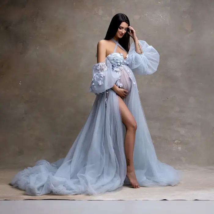 Fairy Blue Floral Matenity Dress Photoshoot Off Shoulder Illusion Soft Tulle Slit Maternity Dresses