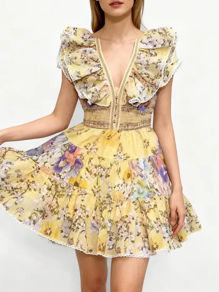 TWOTWINSTYLE minceur impression épissé volants plis robes élégantes pour les femmes col en V sans ma
