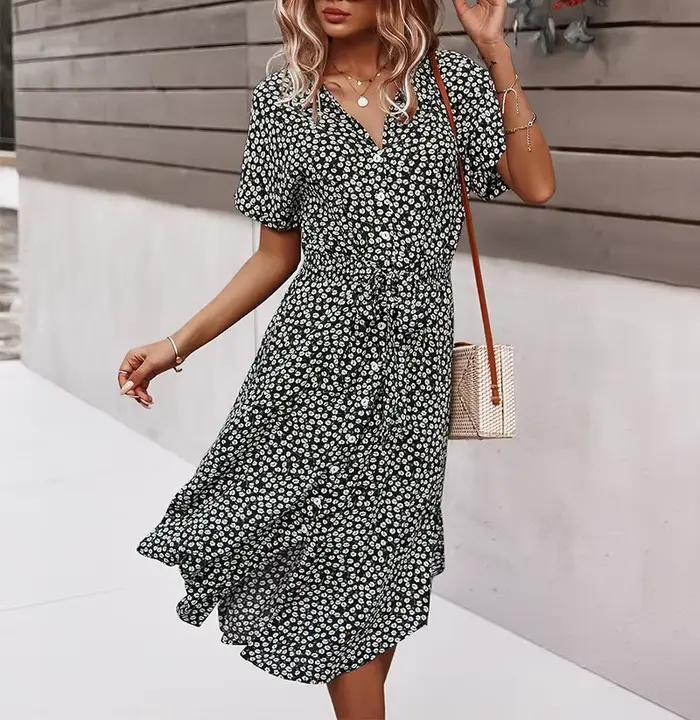 Robe mi-longue décontractée pour femmes, Style vacances, grande Pose, ceinture imprimée, boutons à l