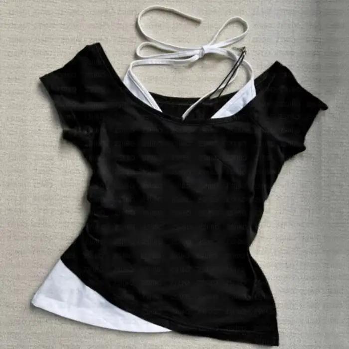 Été streetwear Nozioni de base gothique coupe ajustée faux deux pièces haut court années 90 Vêtement