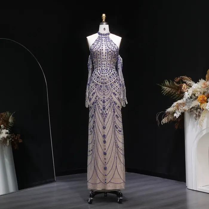 Robe de soirée formelle Sharon Said Halter pour femme avec gants, luxueuse, perlée, dos nu, pour fêt