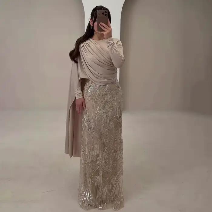 Robes de mariée musulmanes couleur champagne, avec châle, manches longues, style sirène, dentelle et