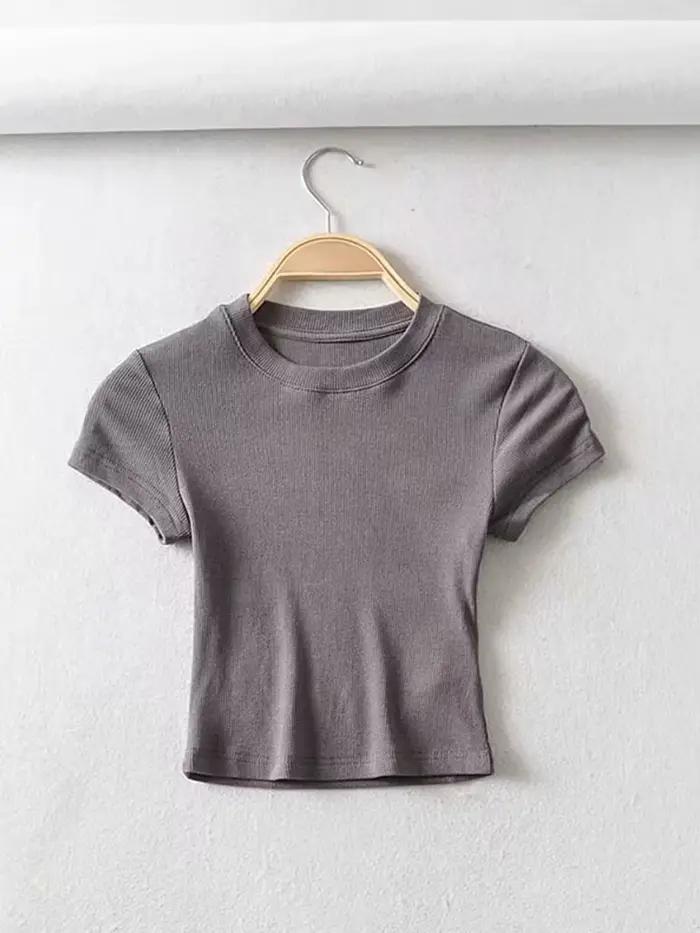 Été Sexy femmes col rond à manches courtes T-shirt mince élastique maigre culture hauts