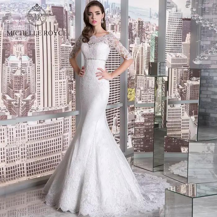 Michelle Royce robes De mariée sirène élégant col bateau Appliques découpé Empire bouton ceintures n