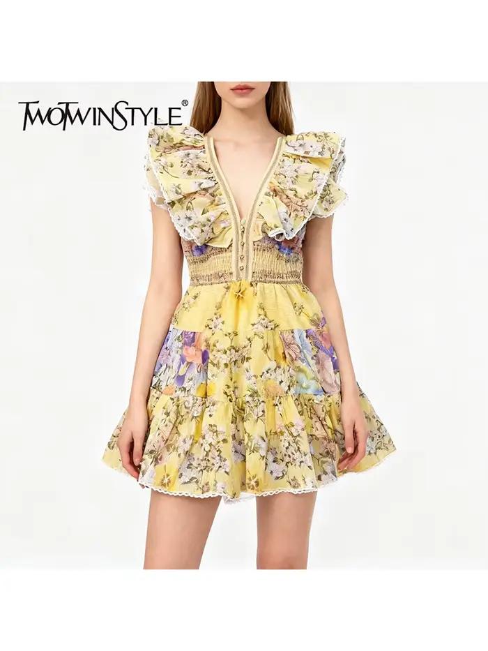 TWOTWINSTYLE minceur impression épissé volants plis robes élégantes pour les femmes col en V sans ma