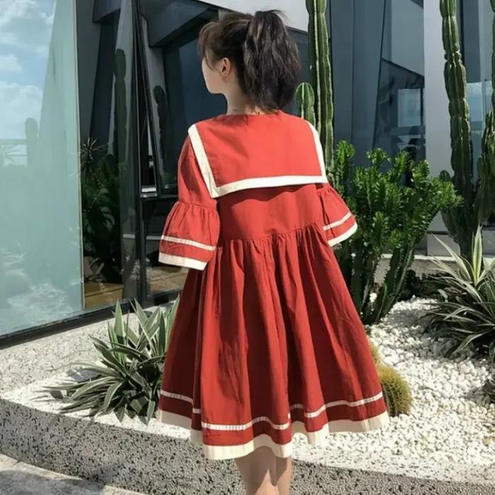 Robe trapèze à manches courtes évasées pour femmes, robe à lacets, plissée, rayée, adt Harajuku, étu