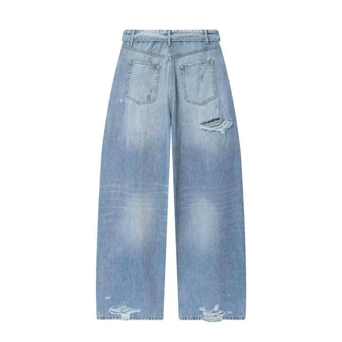 ETJ 2025 femmes nouvelle mode de rue taille pliable taille moyenne jean déchiré délavé version ample
