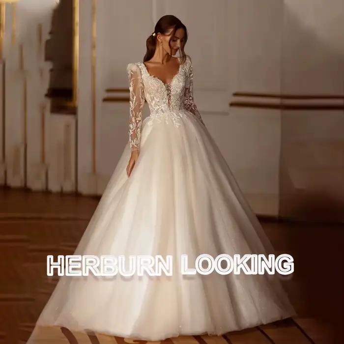 Robes de mariée élégantes HERBURN, style A, pour femmes, appliques, illusion, corset, ceinture, robe