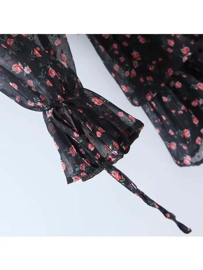 YENKYE automne mode femmes Vintage imprimé fleuri robe en mousseline de soie Sexy Semi-transparent à