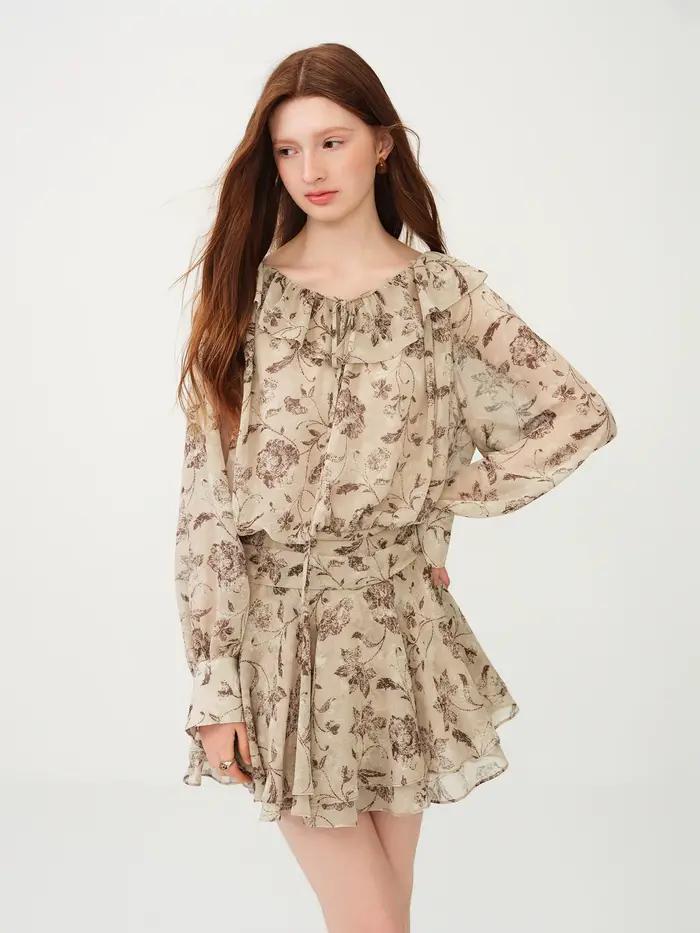 Robe Courte Évasée à Manches Longues Imprimé Floral d'Inspiration Française FSLE 2026 pour Femme - I