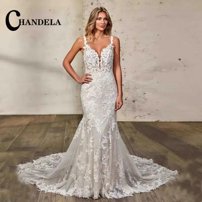 CHANDELA glamour trompette robe De mariée pour mariée dentelle Appliques dos nu sans manches Court T