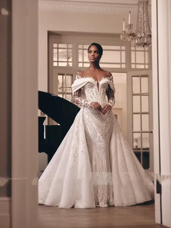 Luxe dentelle 2 en 1 robe de mariée sirène perles broderie Illusion cou trompette robes de mariée pe