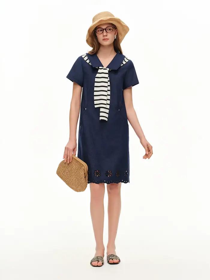 DUSHU Nouvelle Robe Trapèze Effet Jean pour Femme Été 2026, Robe Midi Vintage Coupe Ajustée pour le