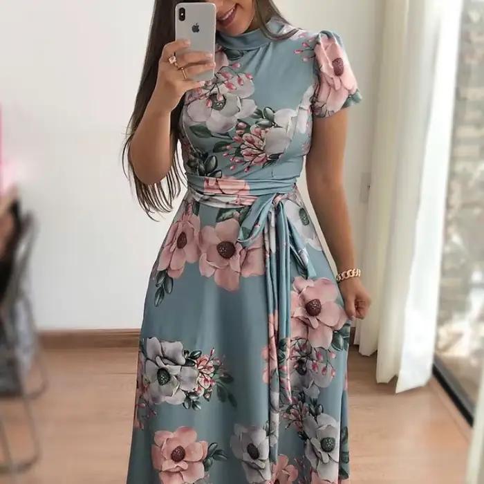 Robes Slim décontractées à manches longues pour femmes, col rond, imprimé floral, bretelles, longueu