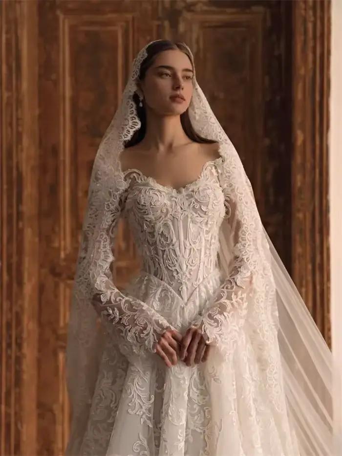 Robe de mariée en dentelle à manches longues, style corset, élégante, pour femme, pour cérémonie rel