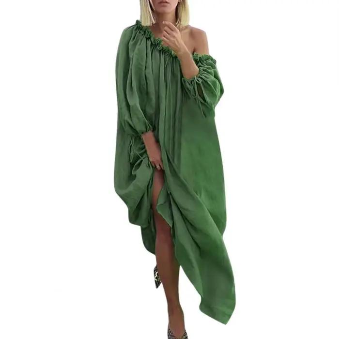 Robe plissée à col incliné pour femme, manches lanterne, détails plissés, robe de plage de vacances,
