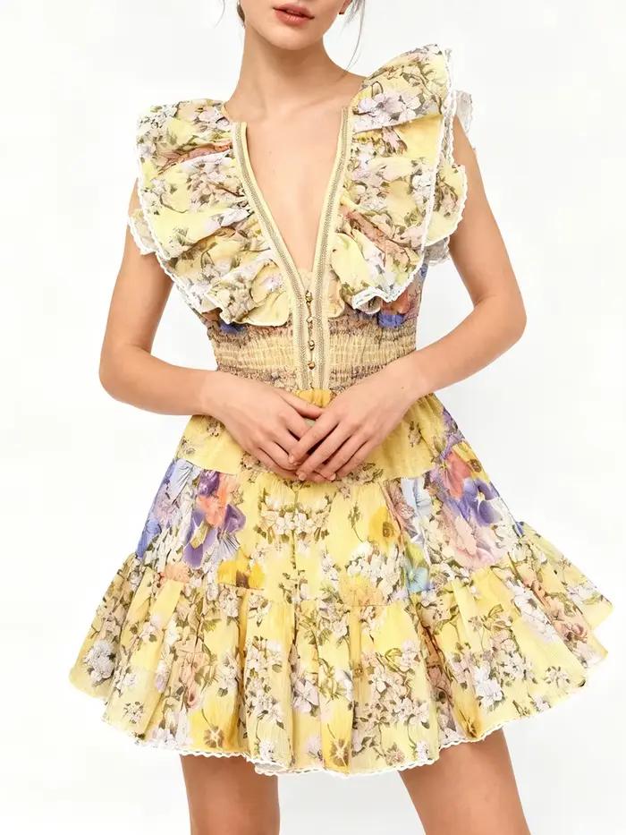 TWOTWINSTYLE minceur impression épissé volants plis robes élégantes pour les femmes col en V sans ma