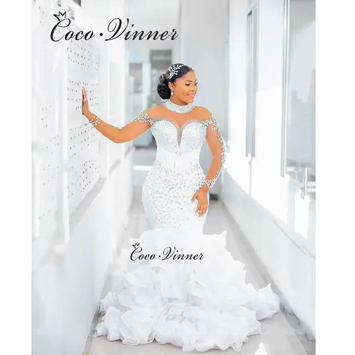 Robes de mariée sirène de luxe américaines personnalisées 2026, en organza, avec volants et perles d