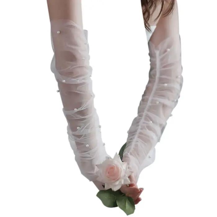 WG052 mariage sans doigts blanc/noir gants longs Tulle perles mariées demoiselle d'honneur manches f