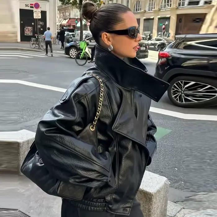 HXAO Faux cuir noir vestes pour femme nouveauté recadrée surdimensionné Bomber veste fermeture éclai