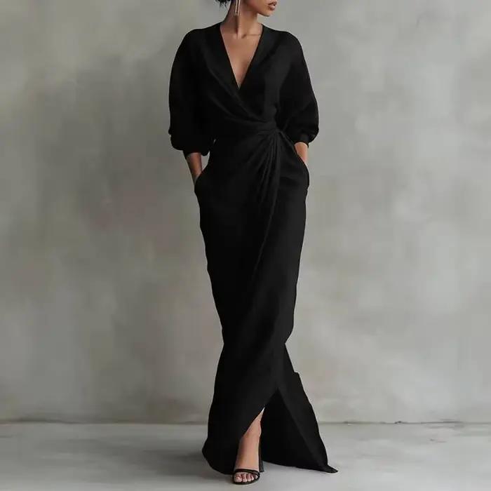 Robe longue moulante élégante à col en V et taille drapée pour femme, collection Printemps 2026, déc