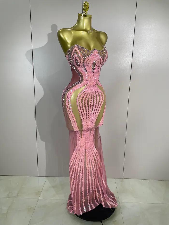 Robe longue sexy scintillante rose avec strass et paillettes, sans bretelles, en maille transparente