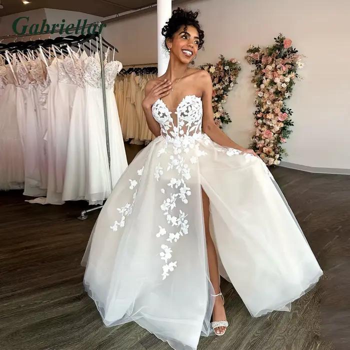 Gabriellar Robe De mariée classique pour mariée col en V profond sans manches fente latérale haute d