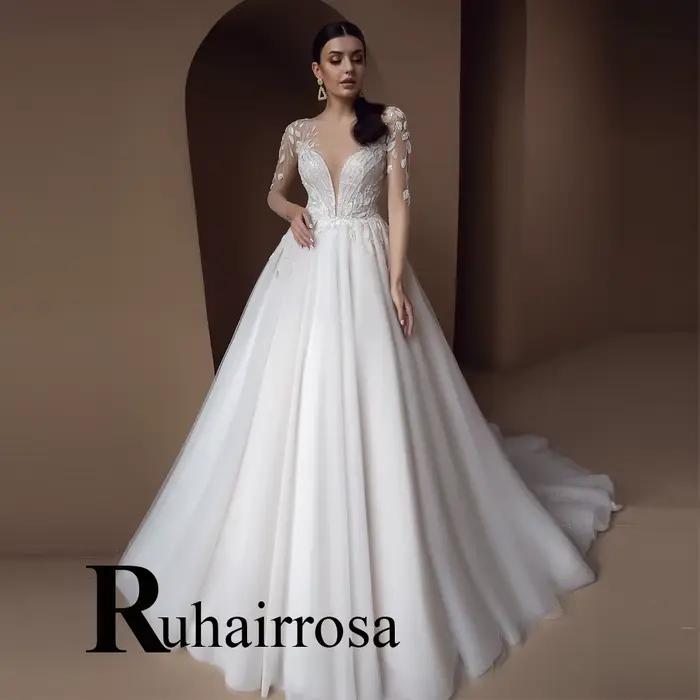 Ruhair robes De mariée raffinées Appliques dos nu a-ligne col rond paillettes Court Train Robe De so