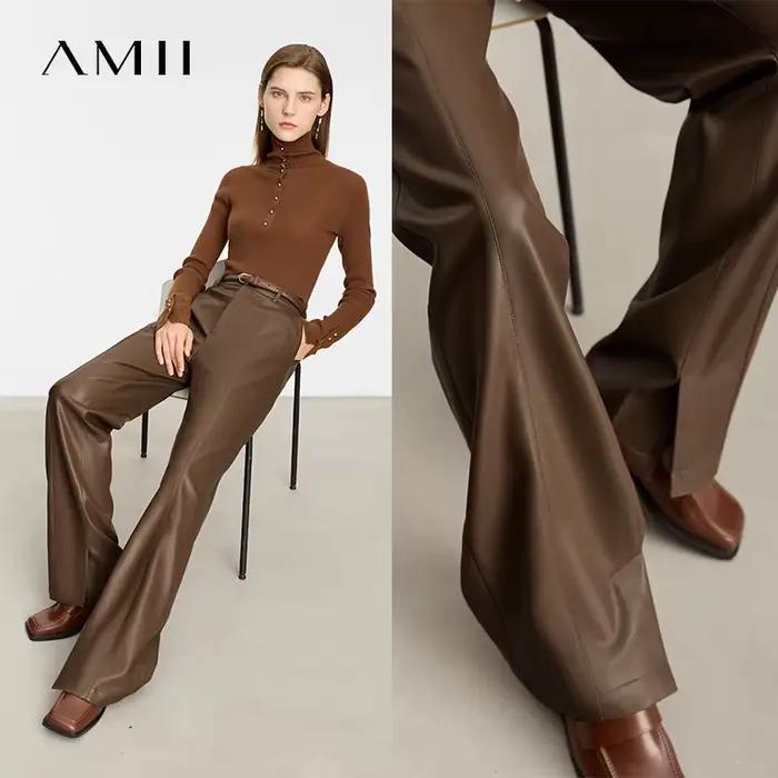 AMII minimaliste en cuir PU pantalons décontractés pour les femmes 2025 automne nouveau ample longue