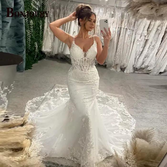 BONJOURY – robe De mariée classique pour femmes, bretelles Spaghetti, trompette, boutons appliqués,