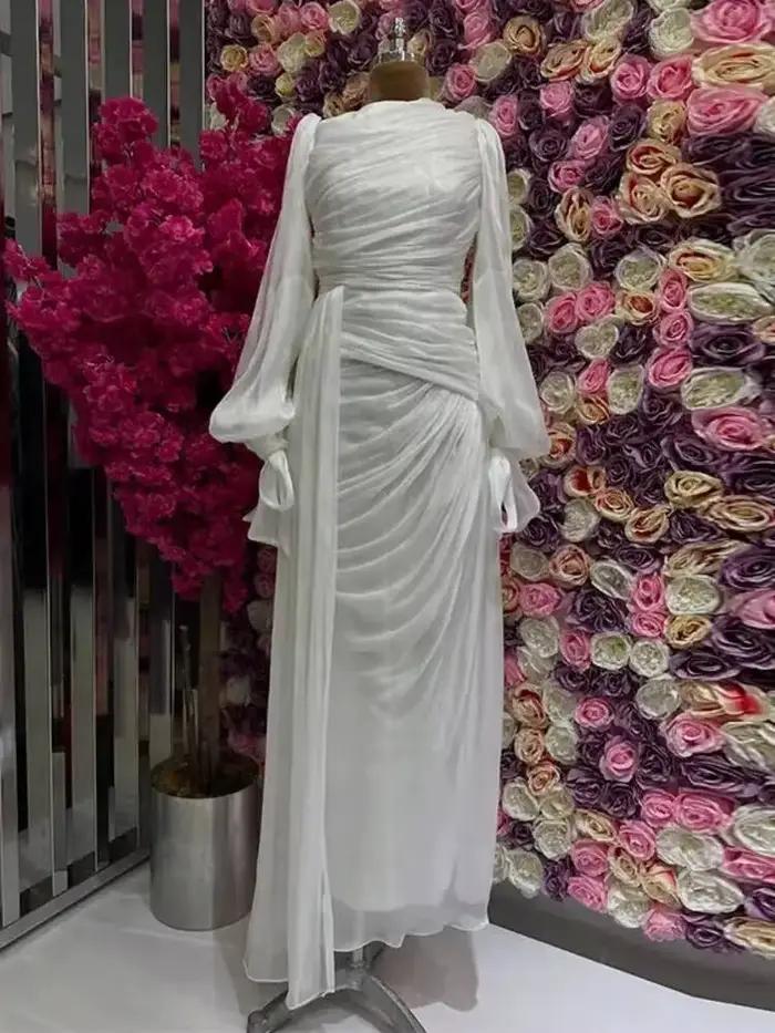 Robe de soirée longue plissée à col rond et manches lanternes, taille haute, nouvelle collection pri