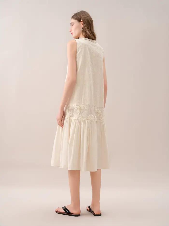 FSLE【Série Premium】Robes midi élégantes sans manches brodées en patchwork pour femmes, nouveau style