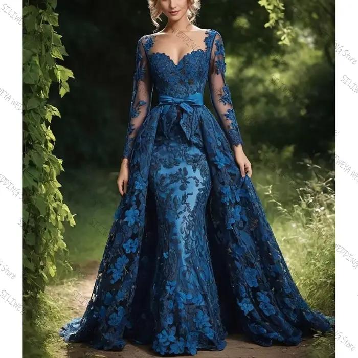 Col carré bleu dentelle Applique sirène robe De Soirée Chic robe De bal Robes De Soirée Robes person