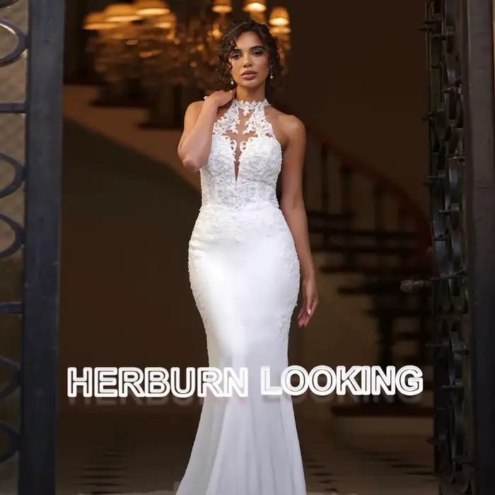 HERBURN Robes de mariée sirène charmantes à col montant, appliques en dentelle, traîne chapelle, Ves