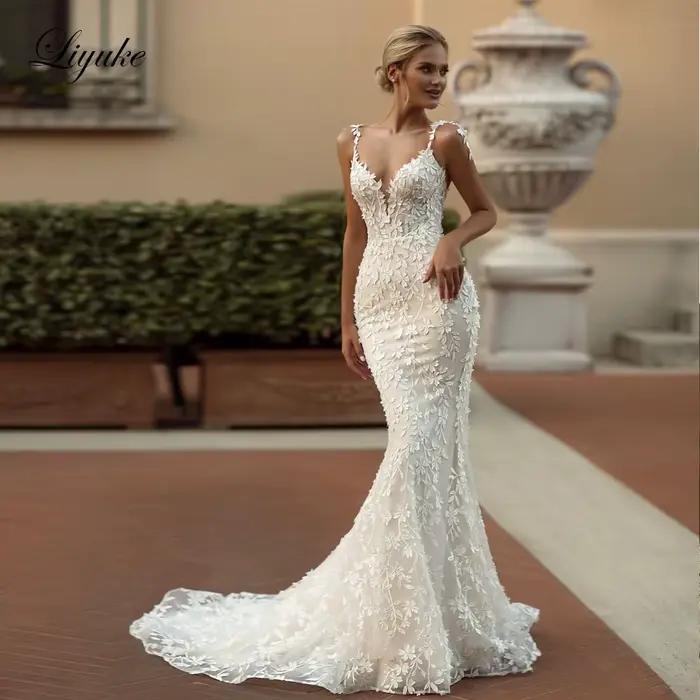 Liyuke personnaliser sur mesure chérie sirène robe de mariée Empire broderie dentelle bretelles Spag