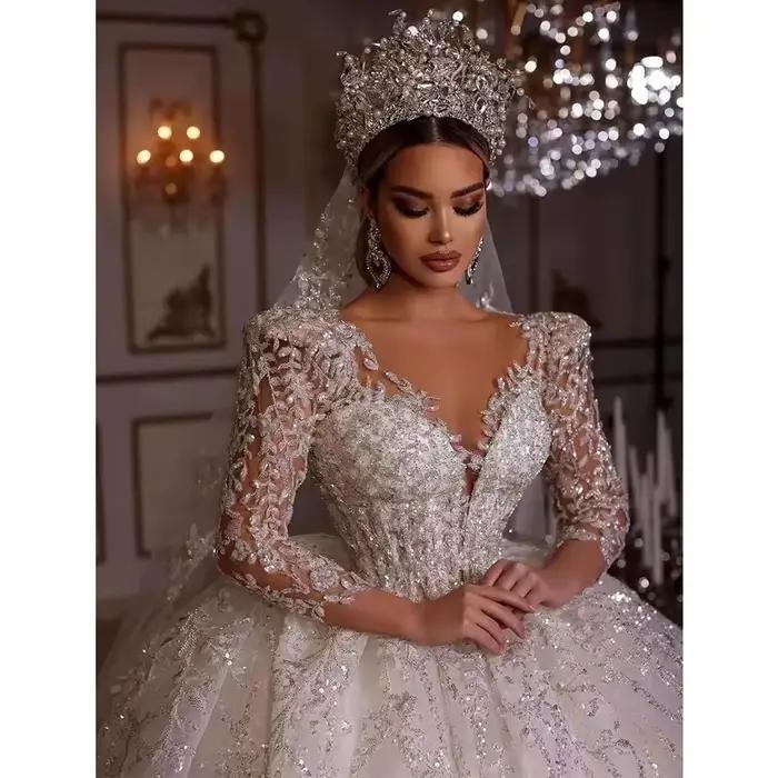 Robes de mariée de luxe pour femmes, jupe bouffante A-Line, appliques en dentelle à manches longues,