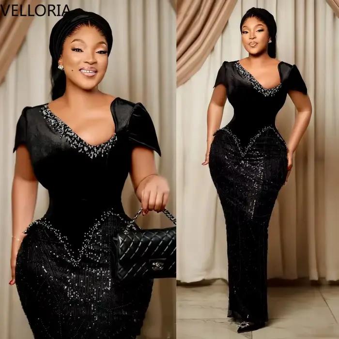 Robe de soirée noire brillante pour femmes noires, Sexy, manches courtes, robe de bal de luxe, sirèn
