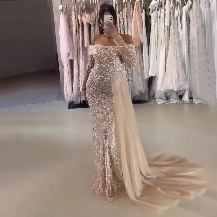 SERENE HILL-Robe de soirée de forme sirène, luxueuse tenue de soirée, couleur chair, col bateau, sur