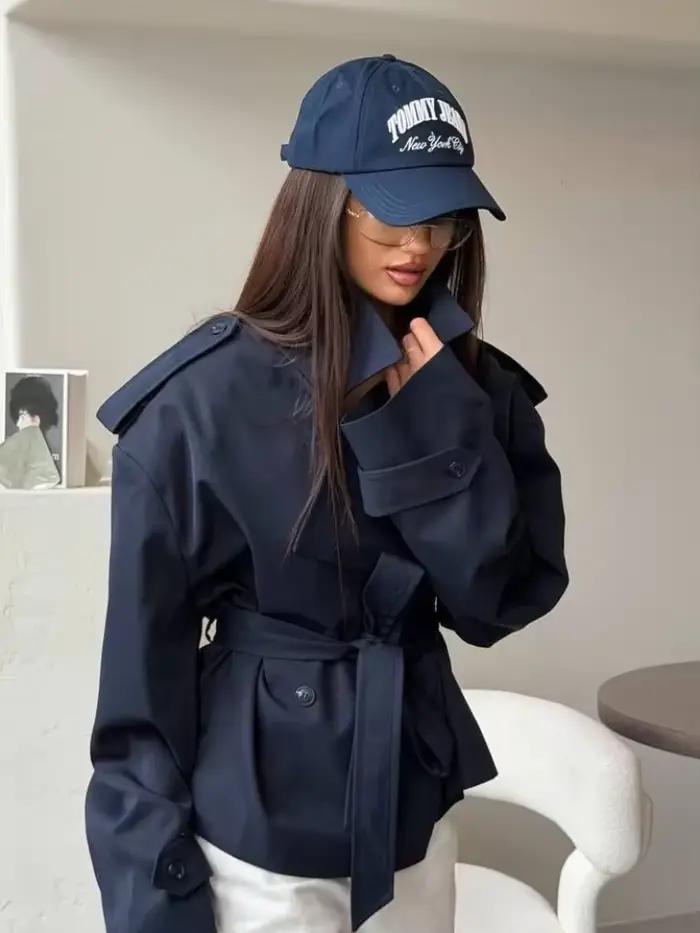 Dame couleur unie à lacets veste élégant Chic à manches longues revers bouton manteau ample automne
