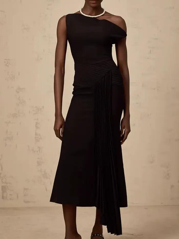 TWOTWINSTYLE – robe mi-longue élégante et amincissante pour femmes, couleur unie, col diagonal, épau