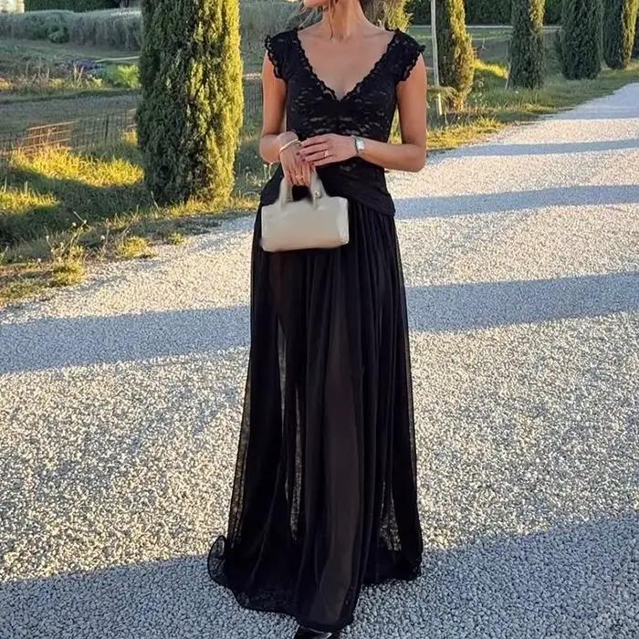 Robe de soirée élégante pour femme, en dentelle, col en V profond, sans manches, taille haute, longu