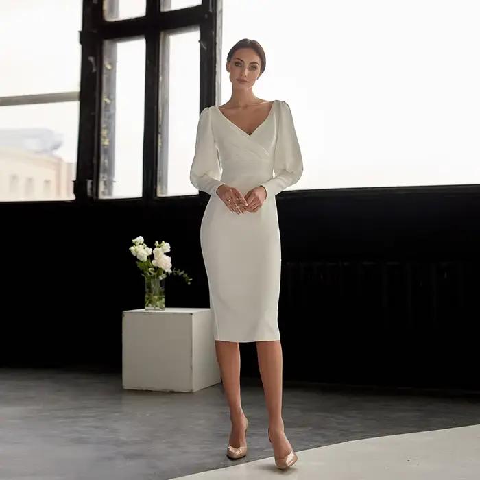 Robe de mariée courte civile pour femme manches longues longueur au genou col en V robe de mariée iv