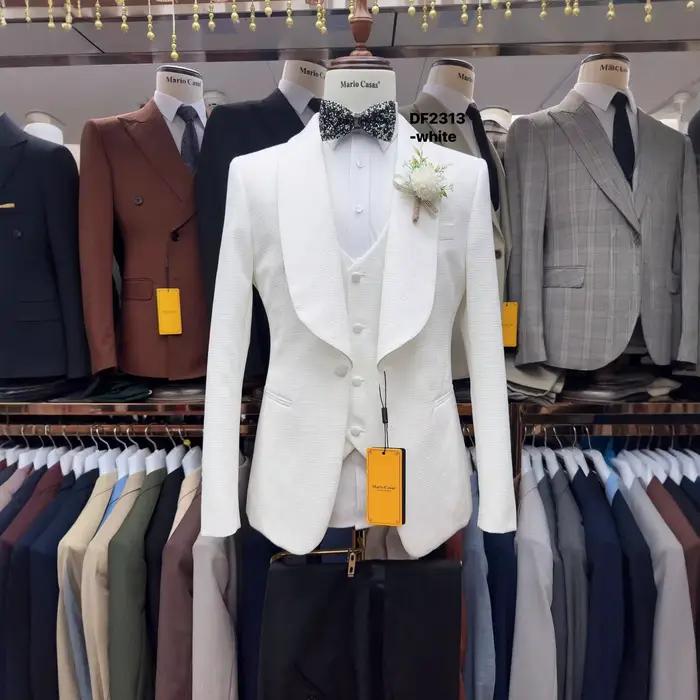 Costume de mariage pour homme 3 pièces, veste à revers châle en jacquard ivoire, gilet et pantalon n