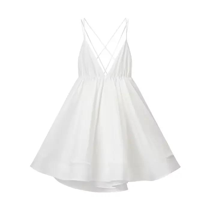 Robe de plage pour femme, sexy, col en V profond, ample, unie, style camisole, dos nu, à volants, po