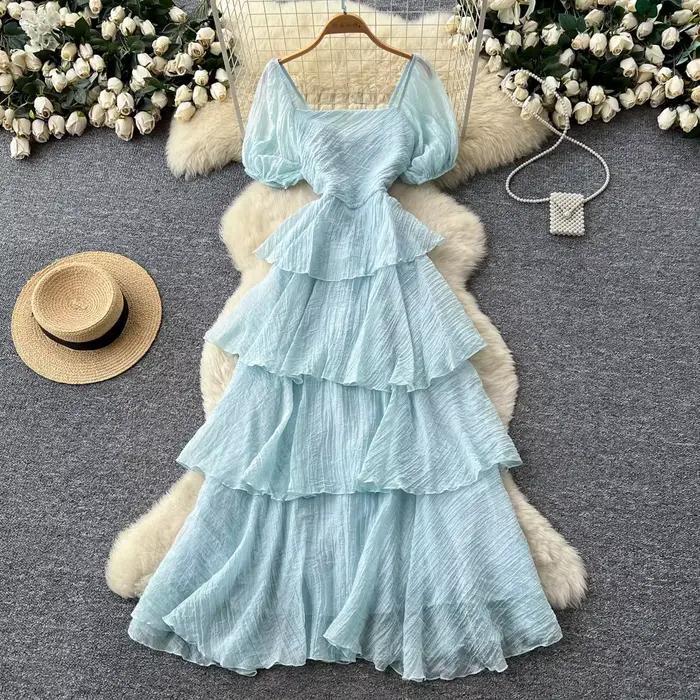 Robe longue d'été pour femme à col carré et manches bouffantes, avec taille cintrée et volants super