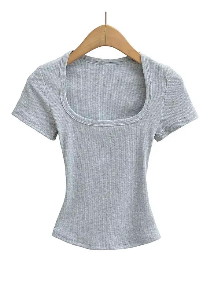 Col carré haute Stretch été culture hauts femmes à manches courtes hauts Sexy pull sommets Blouses m