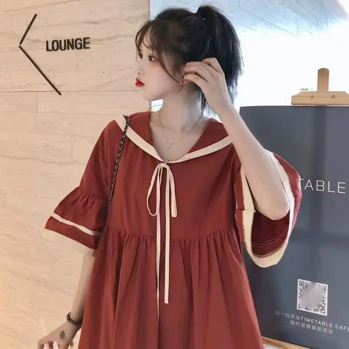 Robe trapèze à manches courtes évasées pour femmes, robe à lacets, plissée, rayée, adt Harajuku, étu