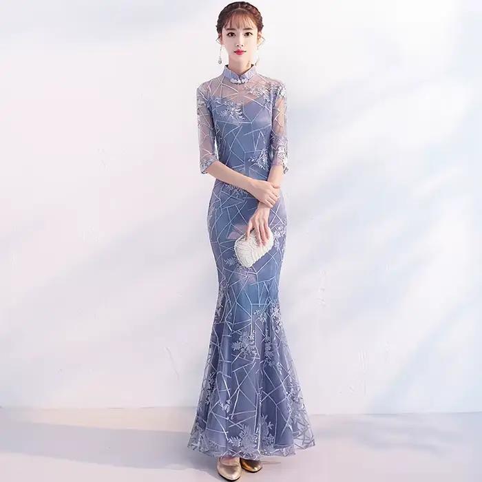 Robe sirène grise à col Mandarin pour femmes, Slim, élégante, Cheongsam, boutons Vintage, robes de p